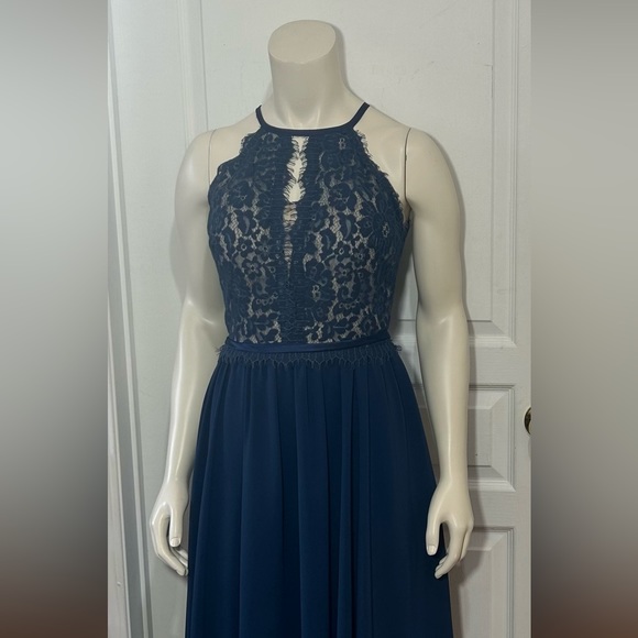 CHRISTINA WU HALTER NECK LACE CHIFFON BRIDSMADE LONG DRESS NAVY BLUE BRAS SIZE 2 - Picture 8 of 15
